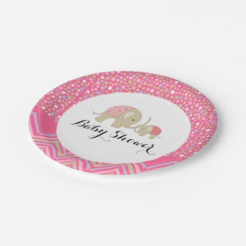 Pink Bohemian Elephant and Chevron Baby Shower Paper Plates