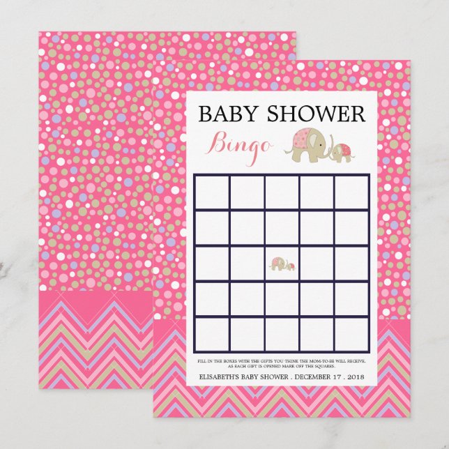 Pink Bohemian Elephant & Chevron Baby Shower Bingo Invitation (Front/Back)