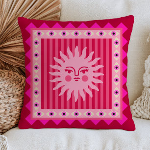 Pink Bohemian Sun Face on Stripes Evil Eyes Funky Throw Pillow