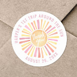 Pink Boho 1st Trip Around The Sun Classic Round Sticker<br><div class="desc">This round sticker design features a vibrant sun at the center, with the cheerful phrase "Thank You!" placed right on top of the sun. The sun's rays burst out in shades of yellow, orange, pink, and red, bringing warmth and joy to your celebration. At the top of the sticker, "First...</div>
