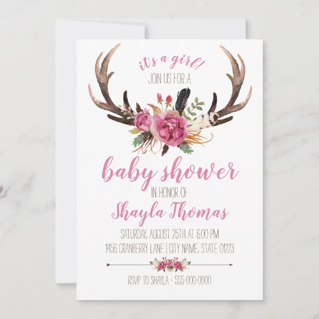 Pink Boho Antler Baby Shower Invitation (Front)