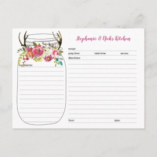 Pink Boho Antlers Mason Jar Newlywed Recipe Cards