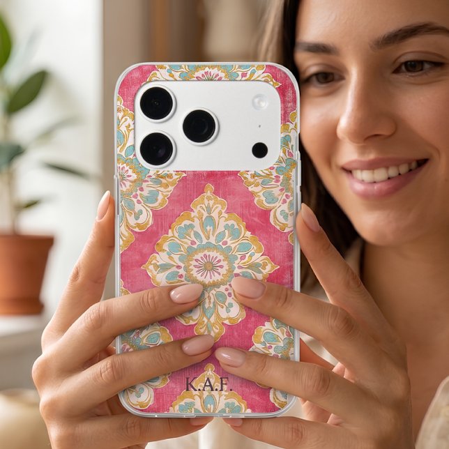Pink Boho Arabesque Personalized iPhone Case (Creator Uploaded)