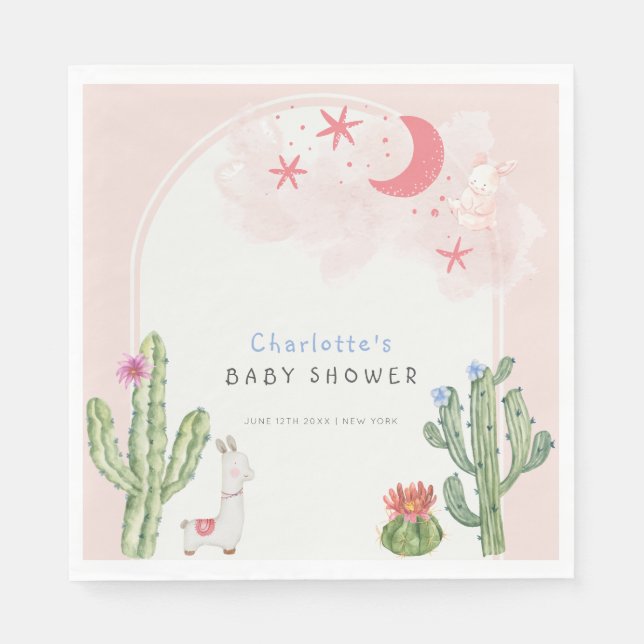 Pink Boho Arch  Cactus Toys Girl Baby Shower  Napkins (Front)