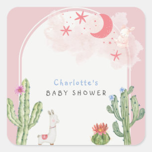 Pink Boho Arch Cactus Toys Girl Baby Shower  Square Sticker