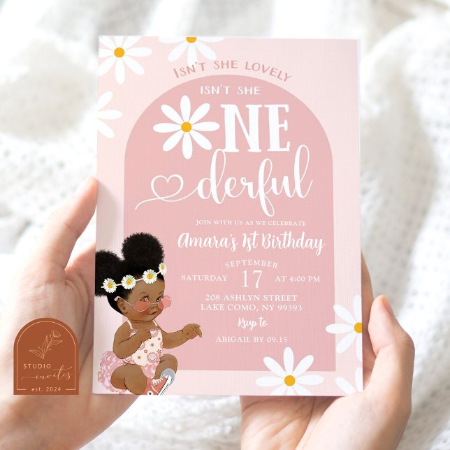 Pink Boho Arch Daisy Afro African First Birthday Invitation (Creator Uploaded)