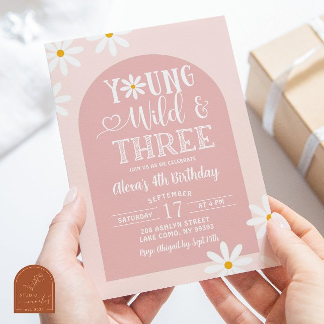 Pink Boho Arch Daisy Young Wild and Three Birthday Invitation (Creator Uploaded)