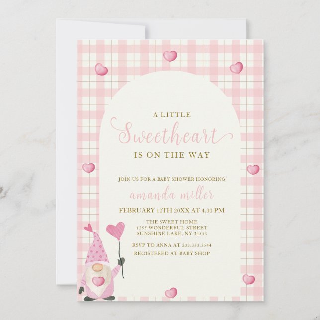 Pink Boho Arch Gingham Heart Gnome Baby Shower  Invitation (Front)