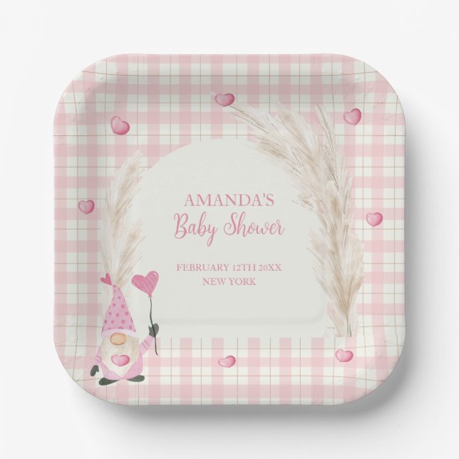 Pink Boho Arch Gingham Sweetheart Baby Shower Paper Plates (Front)