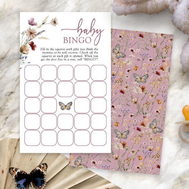 Pink Boho Baby Bingo Game (Dusty Pink Boho Baby Bingo Game Card with Butterfly by Painted Paperie
)