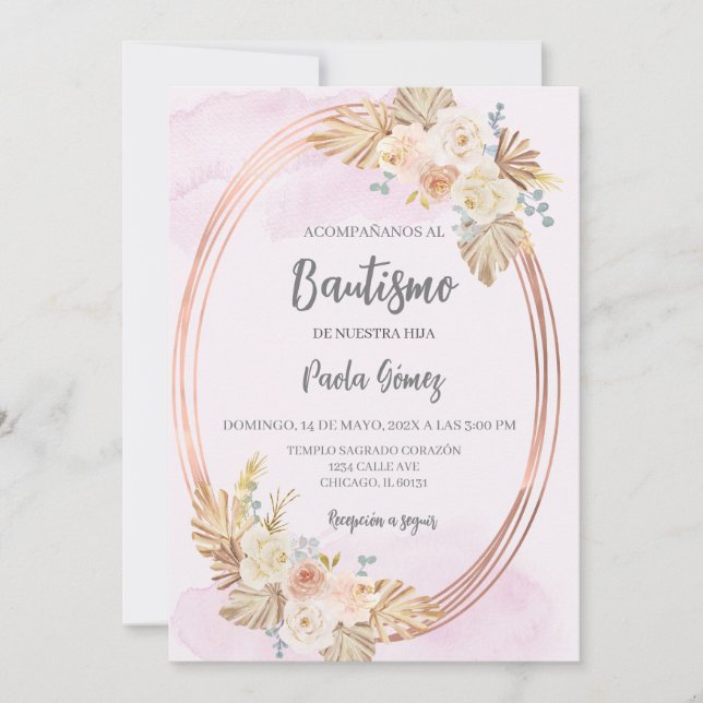 Pink Boho baptism invitation for girl (Front)