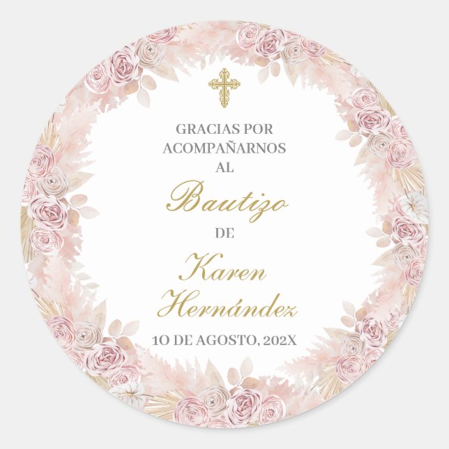 Pink Boho Baptism Spanish sticker (Front)
