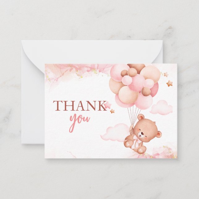 Pink Boho Bear Baby Shower Thank you Card (Front)