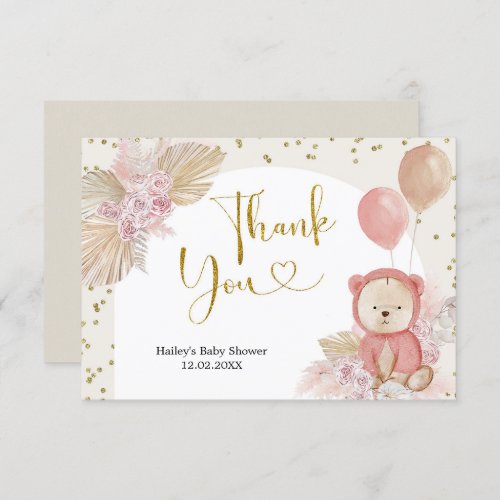 Pink Boho Bear Baby Shower Thank You Card