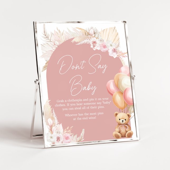 Pink Boho Bear Balloon Baby Shower Don't Say Baby Poster (We Can Bearly Wait Baby Shower Don't Say Baby Sign)