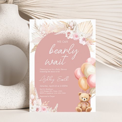 Pink Boho Bear Balloon Baby Shower Invitation