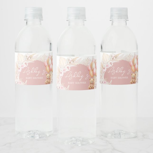 Pink Boho Bear Balloon Baby Shower Water Bottle Label (Bottles)