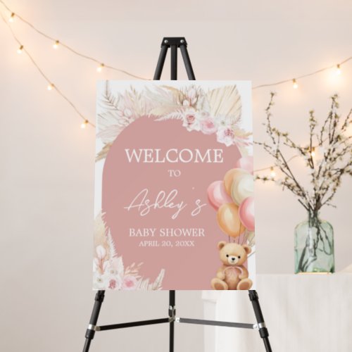 Pink Boho Bear Balloon Baby Shower Welcome Sign