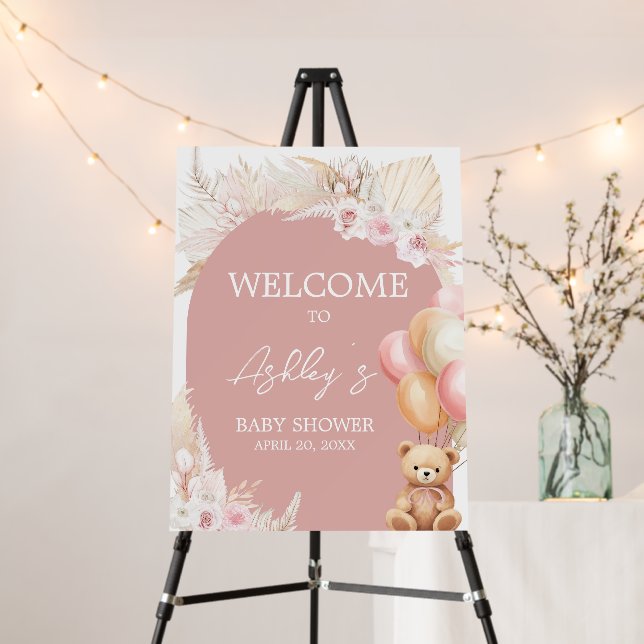 Pink Boho Bear Balloon Baby Shower Welcome Sign (In Situ (Stand))
