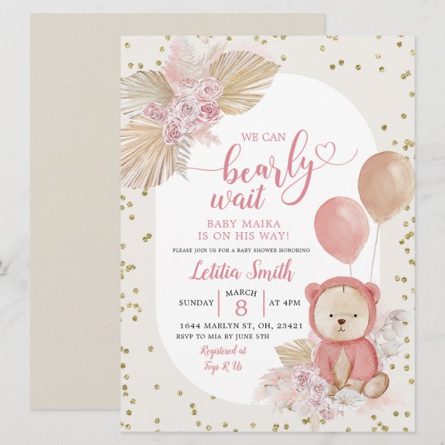 Pink Boho Bearly Wait Girl Baby Shower Invitation (Front/Back)