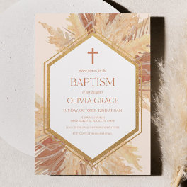 Pink Boho Bohemian Floral Flower Frame Baptism Invitation