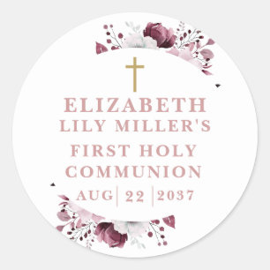 Pink Boho Botanical Floral First Holy Communion Classic Round Sticker