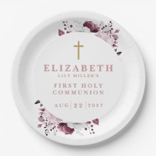 Pink Boho Botanical Floral First Holy Communion Paper Plates