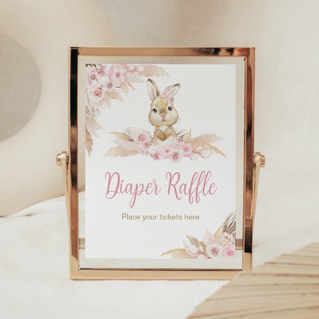 Pink Boho Bunny Baby Shower Diaper Raffle Poster (Pampas Grass Girl Bunny Baby Shower Diaper Raffle Sign)