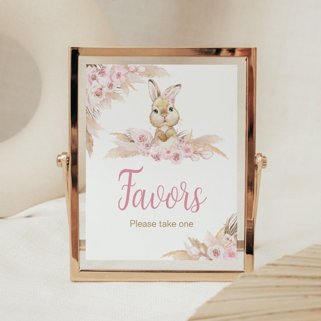 Pink Boho Bunny Baby Shower Favors Poster (Pampas Grass Girl Bunny Baby Shower Favors Sign)