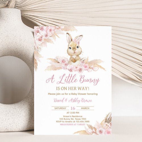 Pink Boho Bunny Baby Shower Invitation