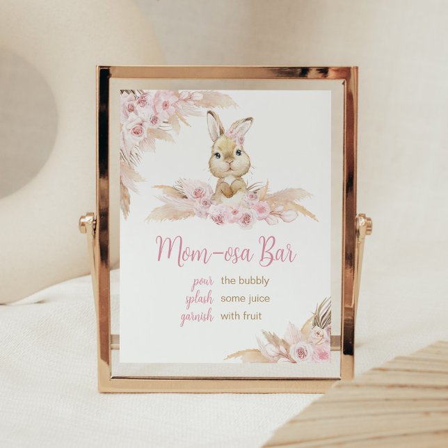 Pink Boho Bunny Baby Shower Mom Osa Bar Poster (Pampas Grass Girl Bunny Baby Shower Mom Osa Bar Sign)