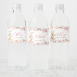 Pink Boho Bunny Baby Shower Water Bottle Label