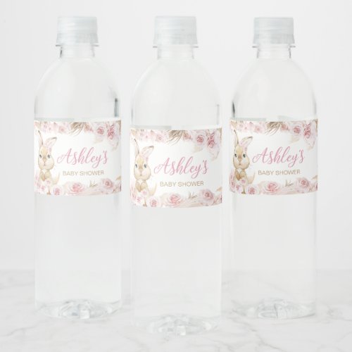 Pink Boho Bunny Baby Shower  Water Bottle Label