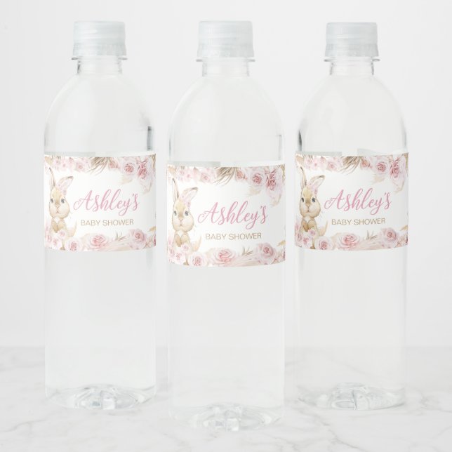 Pink Boho Bunny Baby Shower  Water Bottle Label (Bottles)