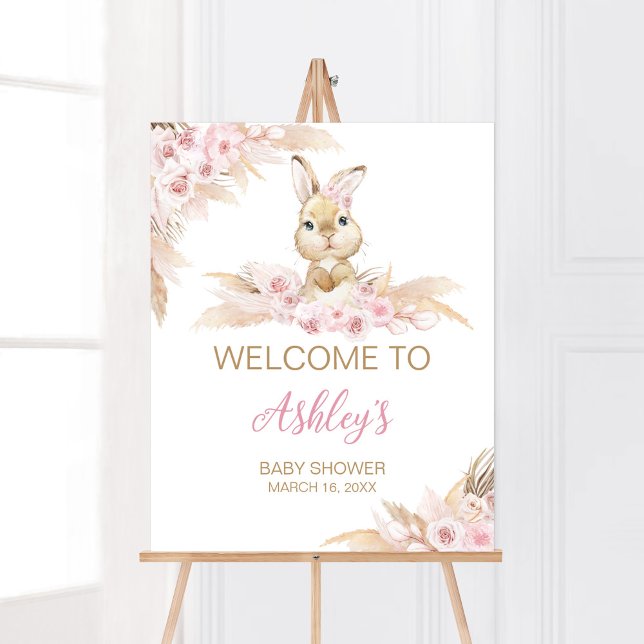 Pink Boho Bunny Baby Shower Welcome Poster (Pampas Grass Girl Bunny Baby Shower Welcome Sign)