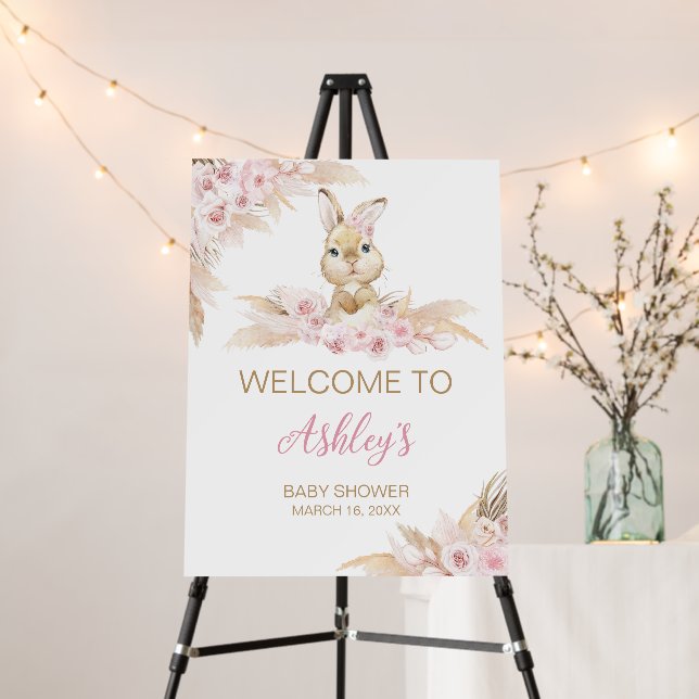 Pink Boho Bunny Baby Shower Welcome Sign (In Situ (Stand))
