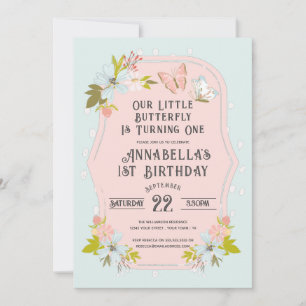 Pink Boho Butterfly 1st Birthday Party Invitation