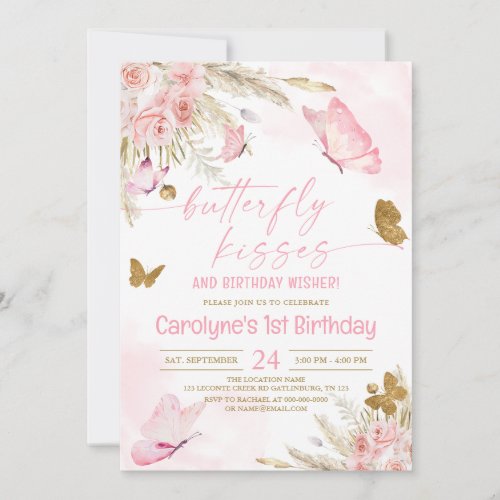 Pink Boho Butterfly Kisses and Birthday Wishes Invitation