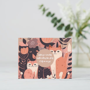Pink Boho Cats and Flowers Birthday Postcard
