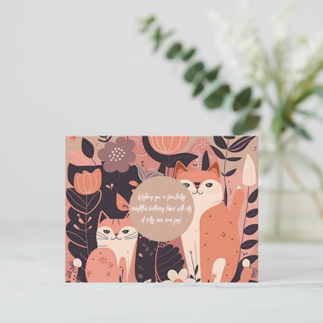 Pink Boho Cats and Flowers Birthday Postcard (Standing Front)