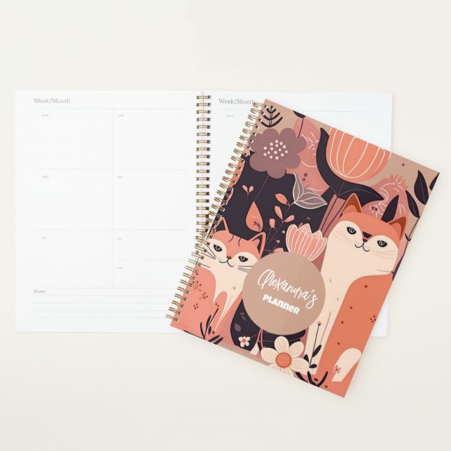 Pink Boho Cats and Flowers Personalized Planner (Display)
