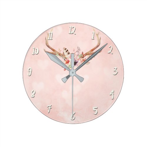 Pink Boho Chic Antlers &amp; Feathers Rustic Glam Round Clock