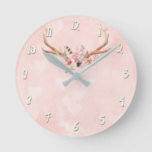 Pink Boho Chic Antlers & Feathers Rustic Glam Round Clock