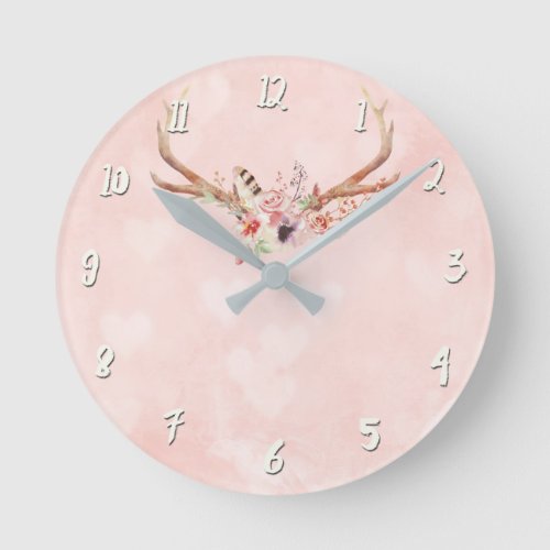 Pink Boho Chic Antlers  Feathers Rustic Glam Round Clock