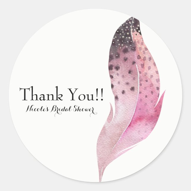Pink Boho Chic Bohemian Feather Custom Party Favor Classic Round Sticker (Front)