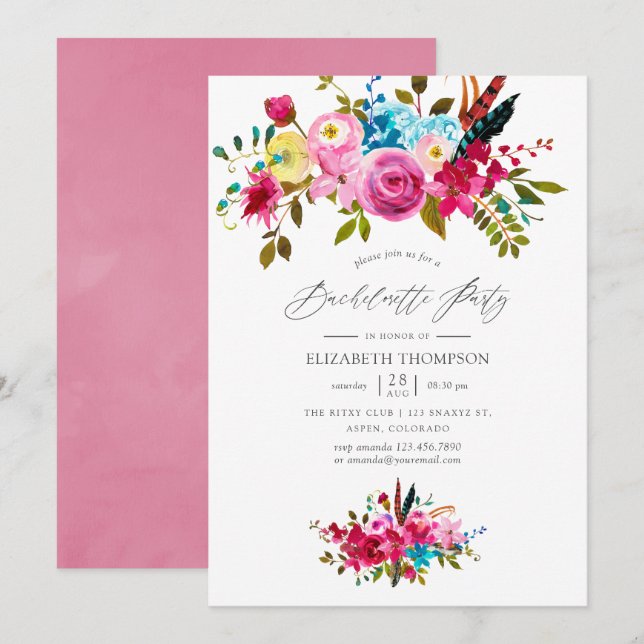 Pink Boho Chic Floral Bachelorette Party Invitation (Front/Back)