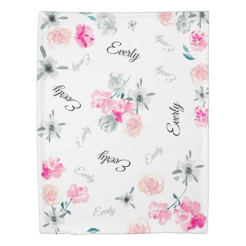 Pink boho chic flowers painting girl name pattern duvet cover