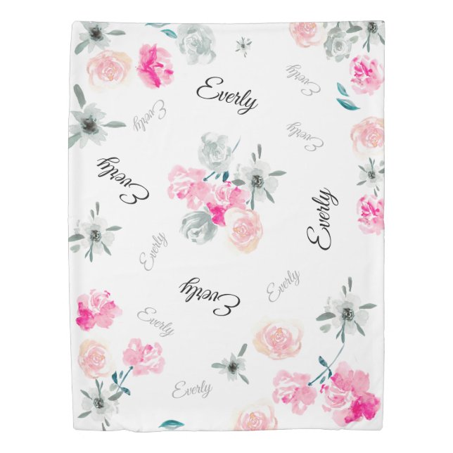 Pink boho chic flowers painting girl name pattern duvet cover (Front)