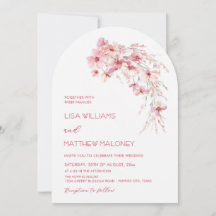 Pink Boho Chic Flowers White Wedding Invitation