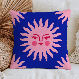 Pink BOHO Chic Sun Face on Navy Blue Mystical Throw Pillow